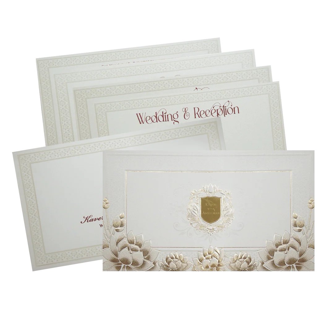 Ivory Lotus Gold Foil Luxury Wedding Invitation Card-KPR24600