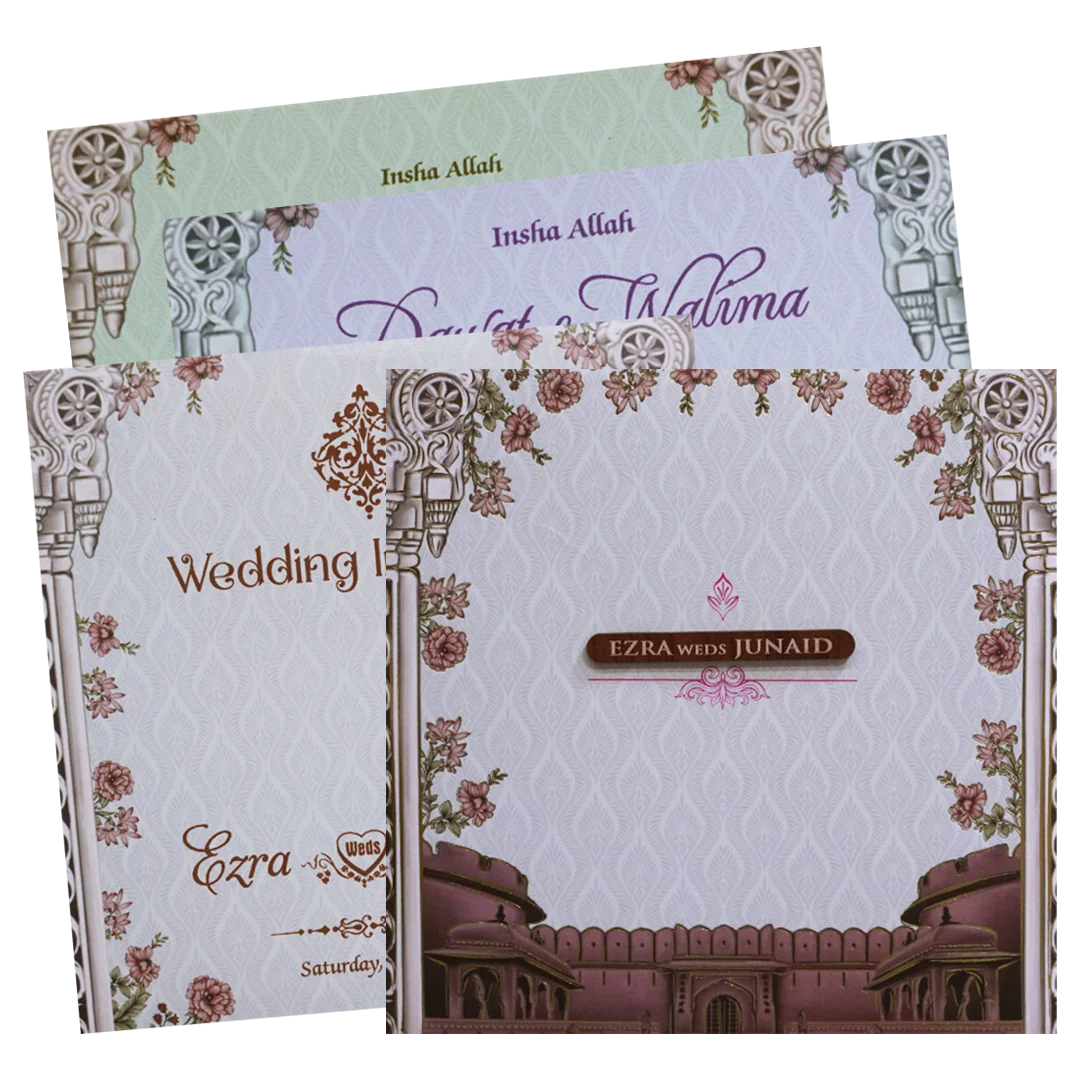Grey Padded Palace Themed Wedding Card - KVN07490