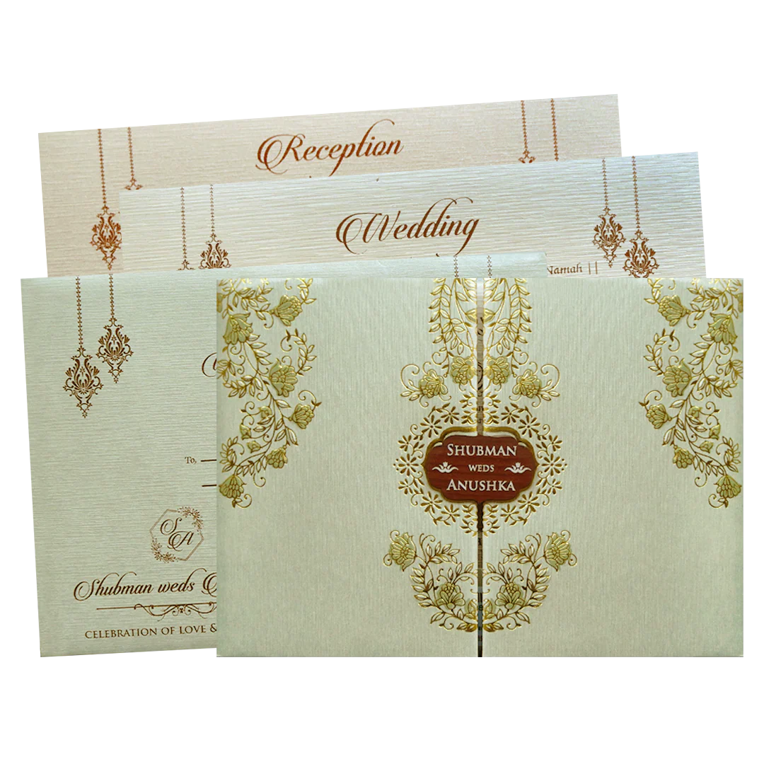 Ivory Padded Wedding Invitation Card with Embossed Floral Design-KRB09711