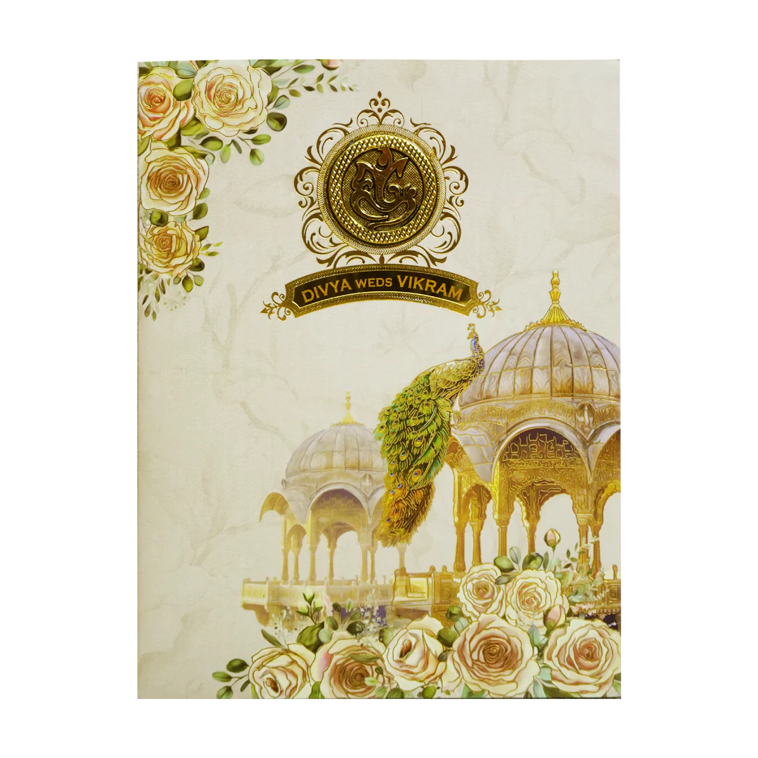 Ivory Traditional Peacock Nameplate Invitation Card-KNTY6802 - Image 3