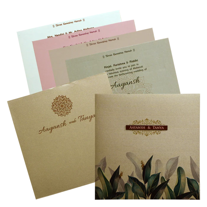 Khaki Embossed Leaf Wedding Invitation-KRC30602