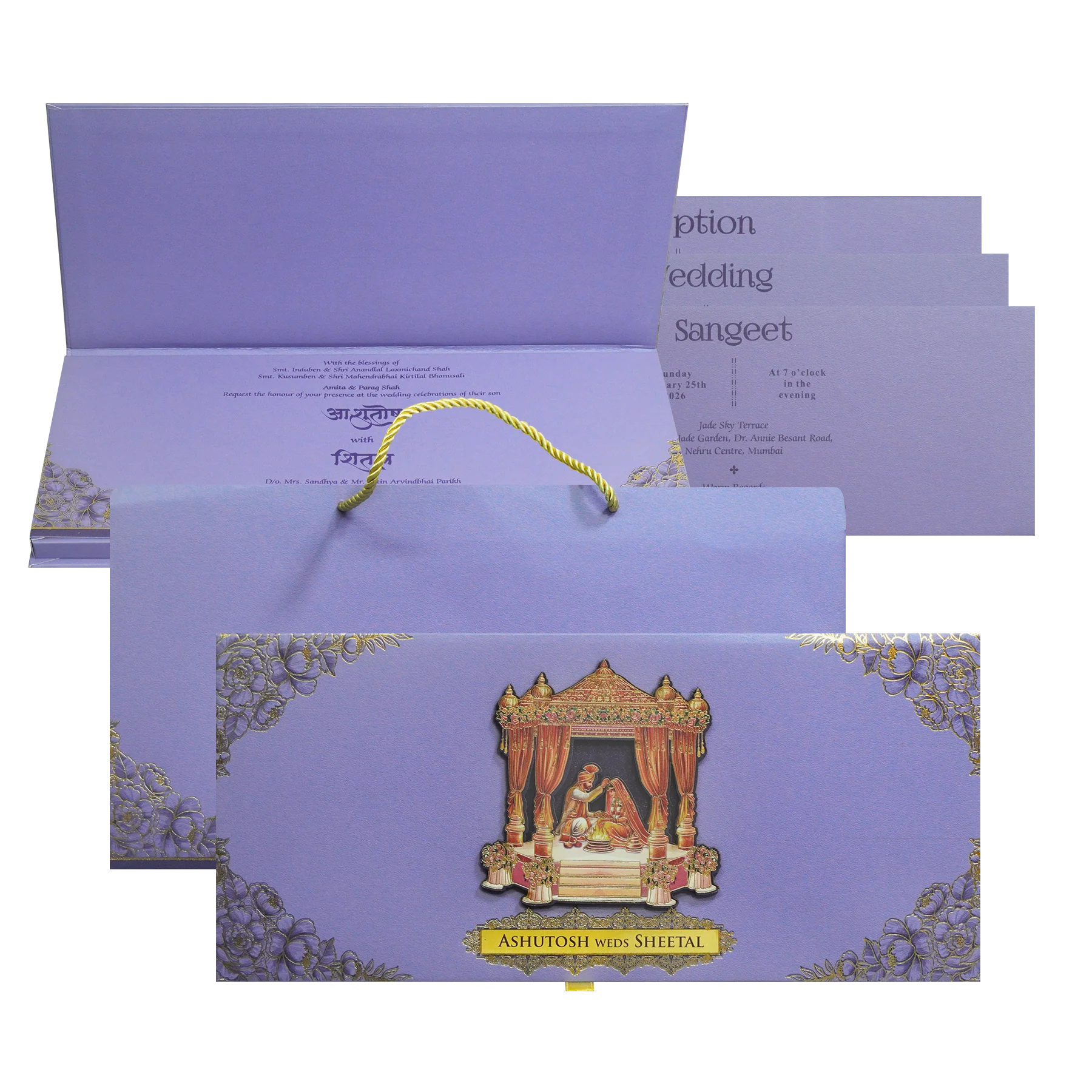 Lavender Mandap Padded Handle Wedding Invitation Card-KPR24880