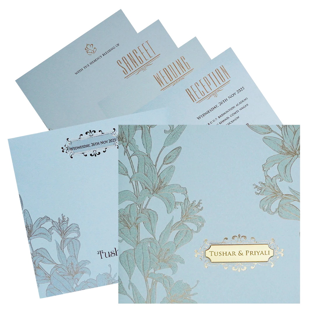 Light Blue Floral Nameplate Wedding Card Design-KPR05380