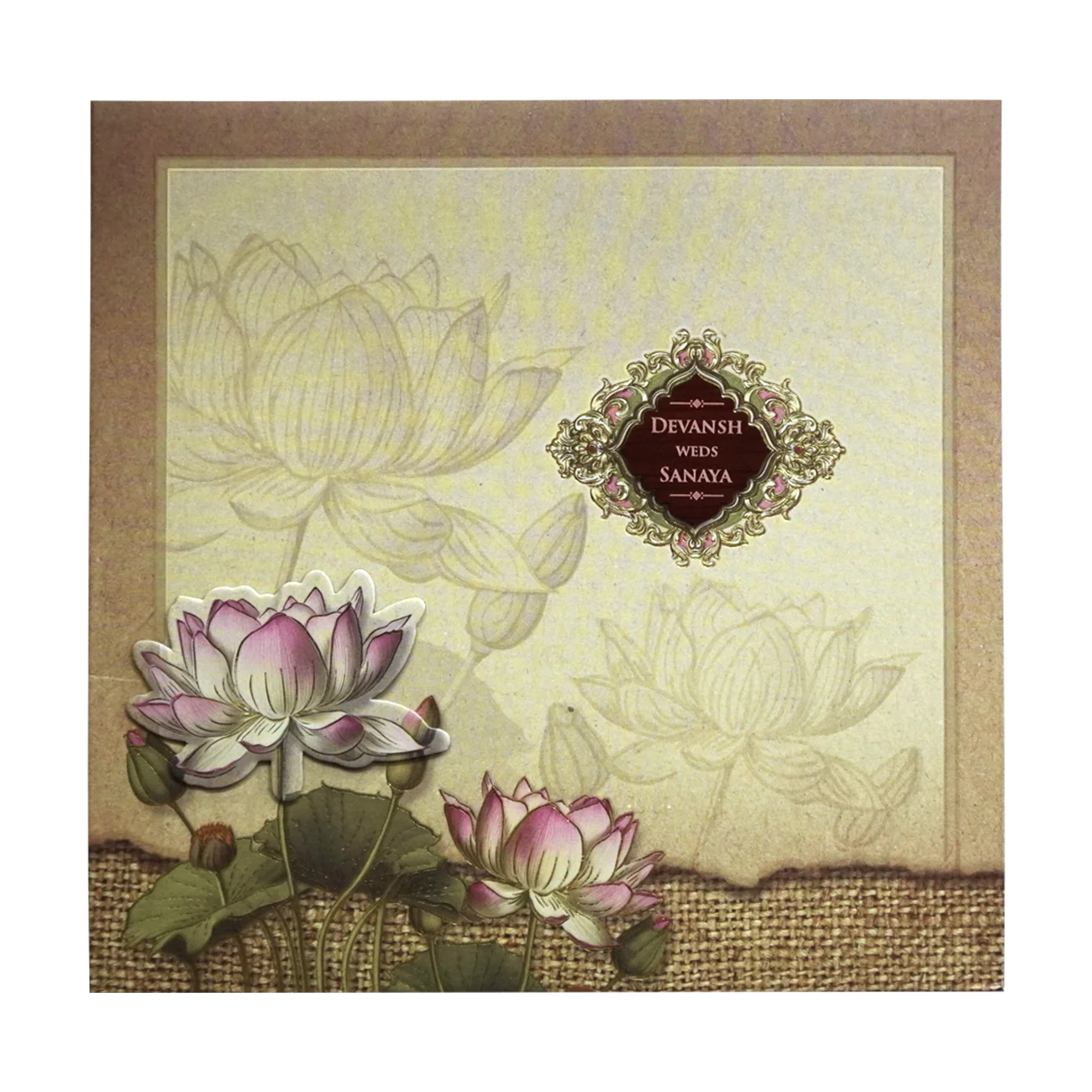 Light Brown Lotus Padded Wedding Card-KRC30220 - Image 3