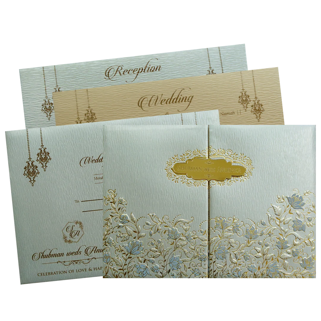 Light Grey Padded Door Style Embossed Gold Foil Wedding Invitation Card-KRB09760