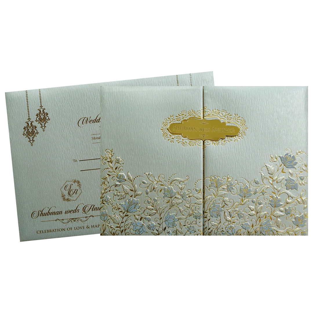 Light Grey Padded Door Style Embossed Gold Foil Wedding Invitation Card-KRB09760 - Image 2