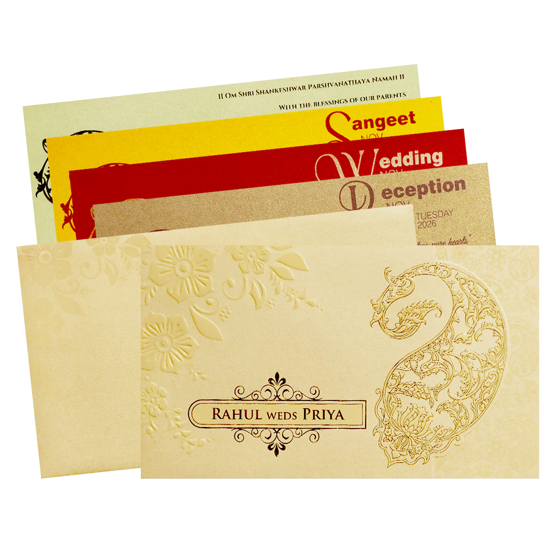 Light Yellow Gold Embossed Paisley Wedding Invitation Card-KPR06380