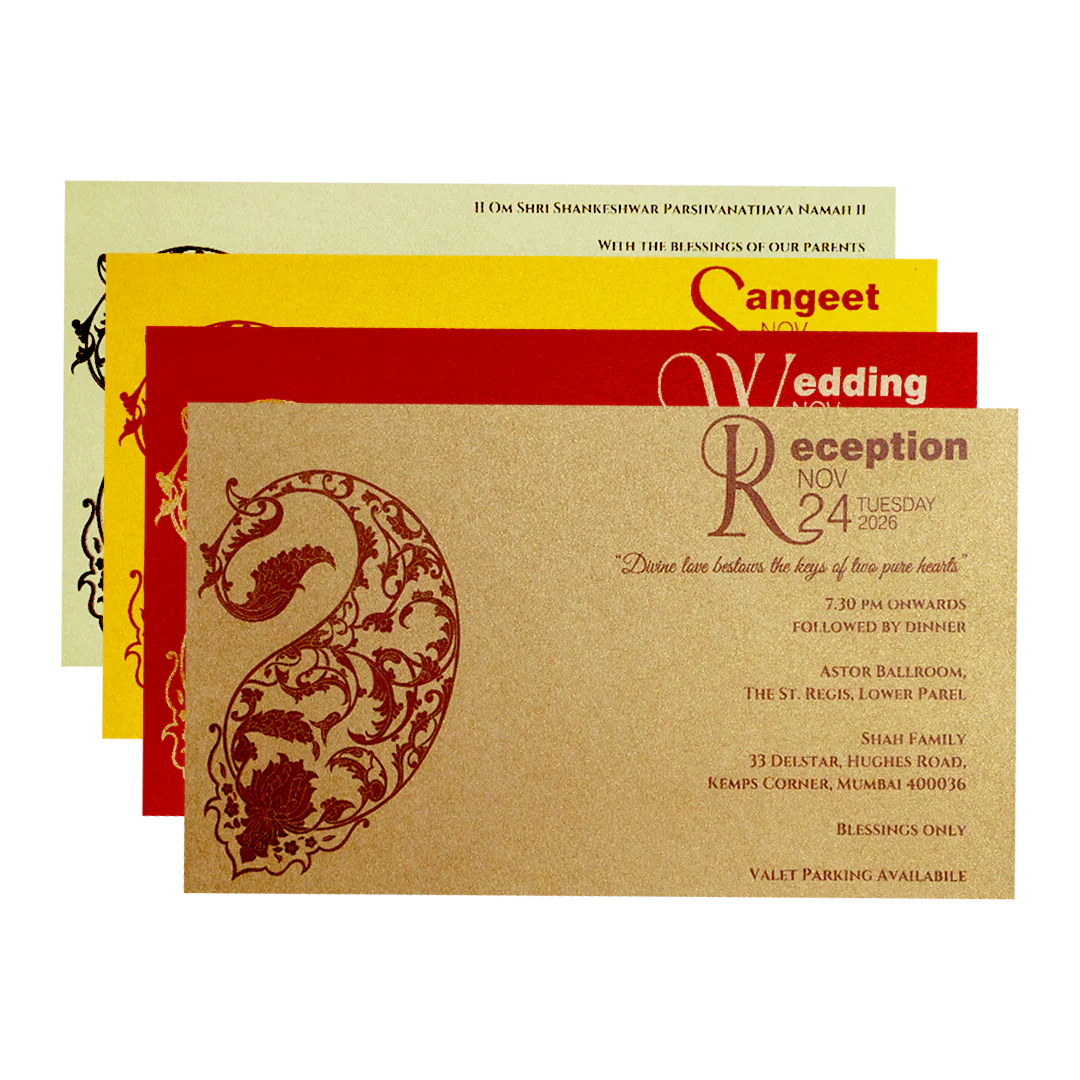 Light Yellow Gold Embossed Paisley Wedding Invitation Card-KPR06380 - Image 5