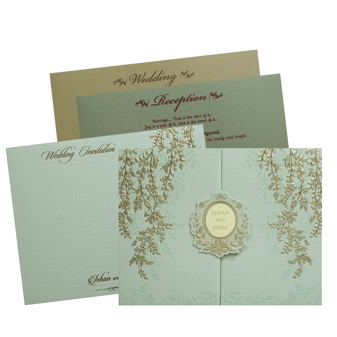 Luxury Green & Gold Padded Wedding Card - KMMWD1113