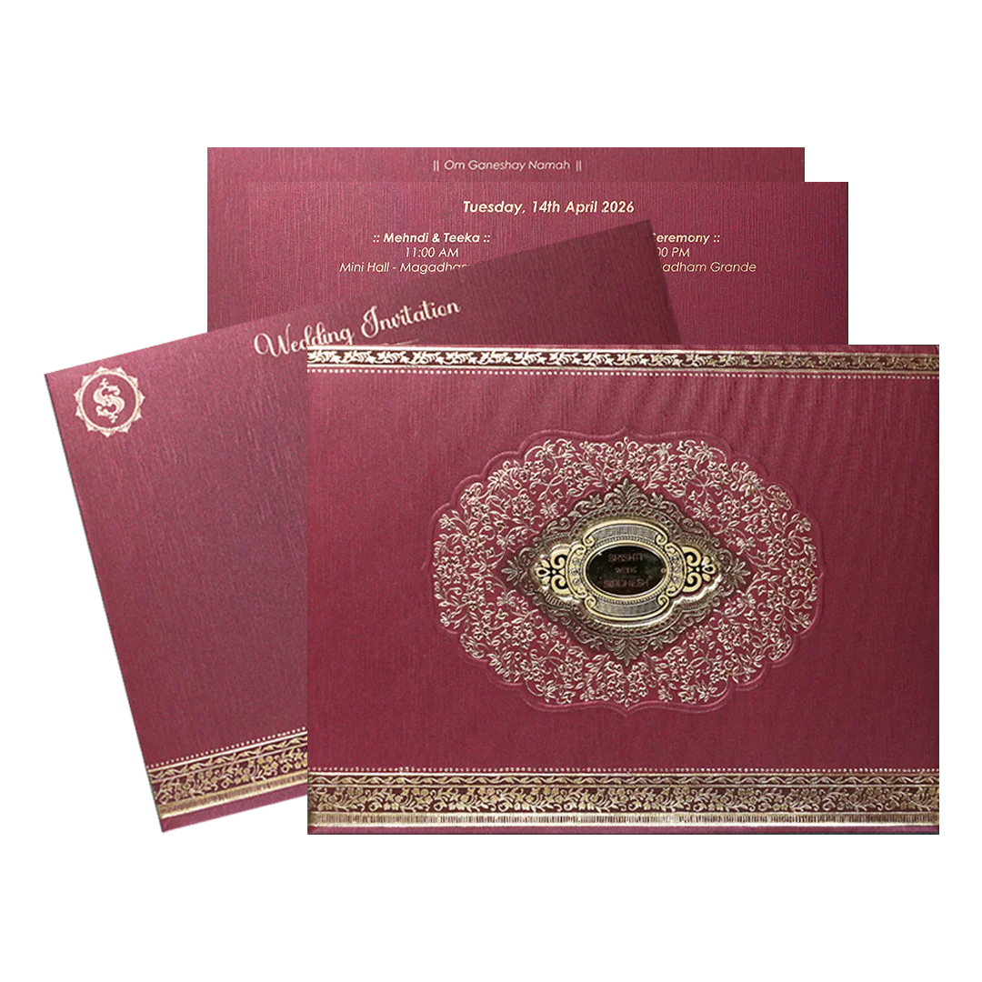 Maroon Baroque Floral Wedding Invitation Card-KSI64370
