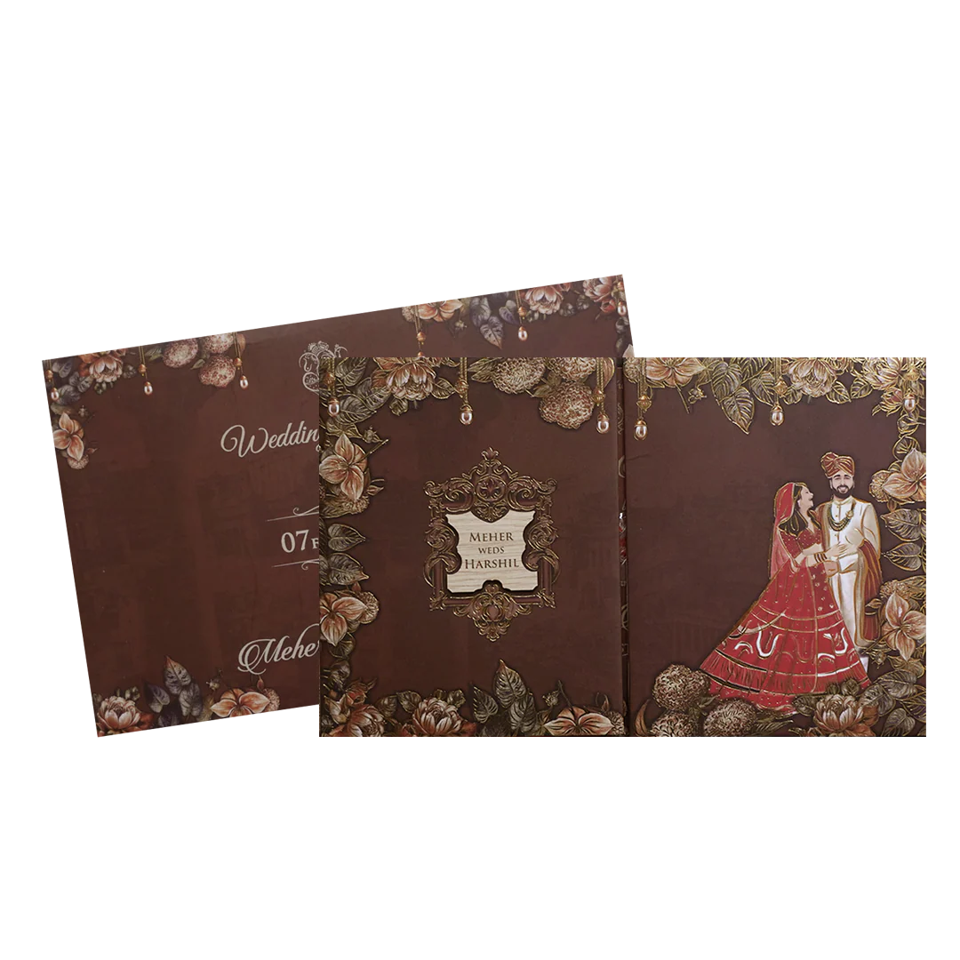 Maroon Couple Floral Padded Wedding Invitation Card -KVN07420 - Image 2