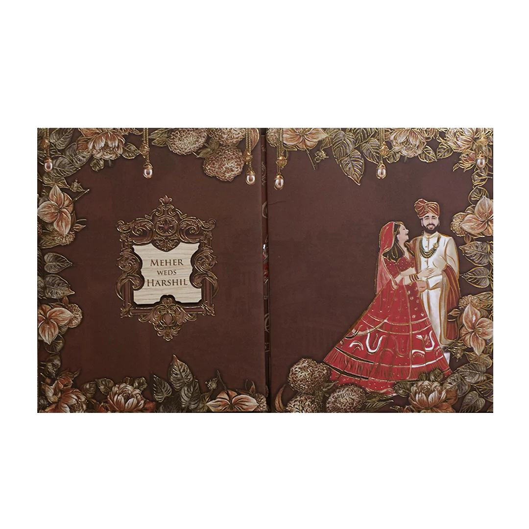 Maroon Couple Floral Padded Wedding Invitation Card -KVN07420 - Image 3