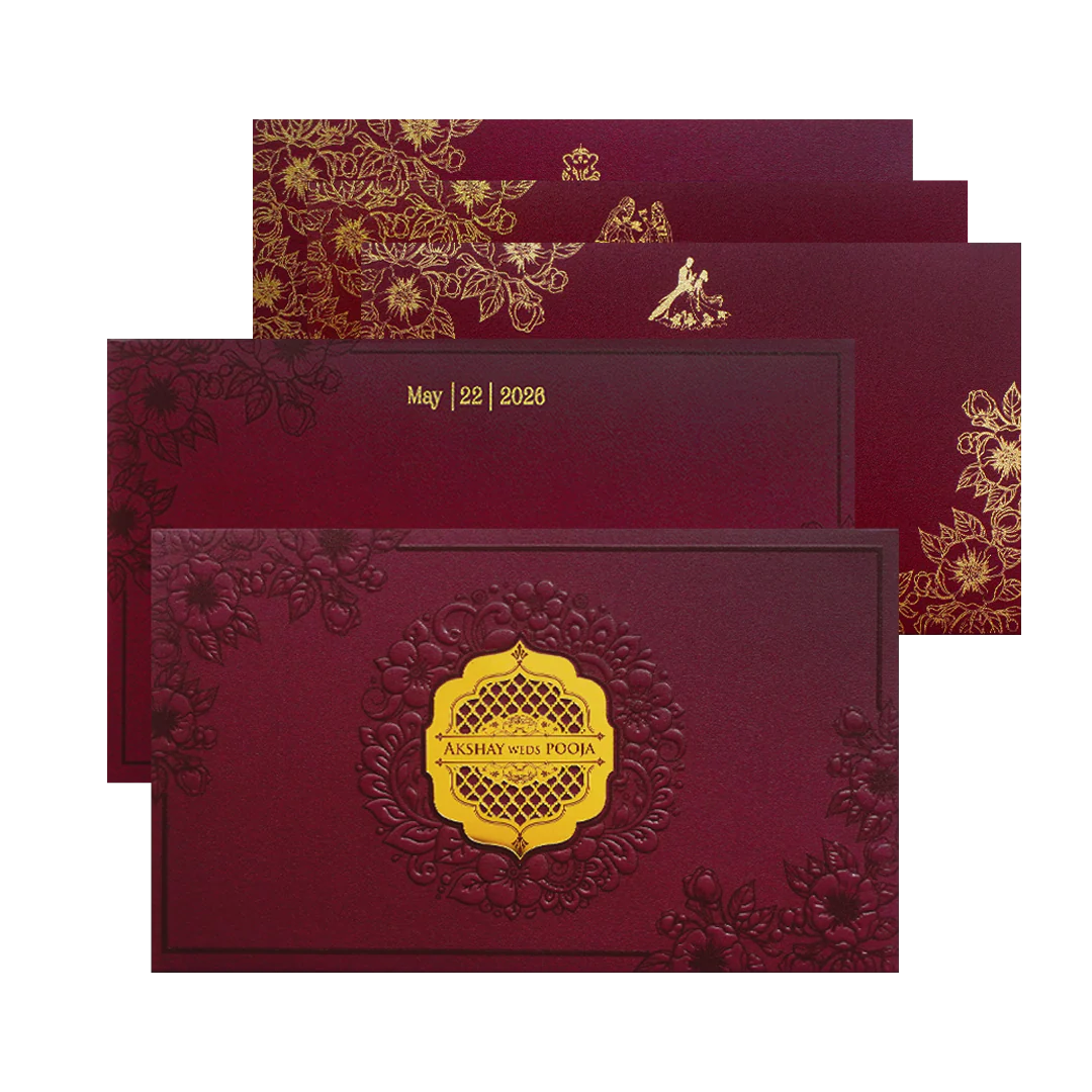 Maroon Embossed Floral Gold Crest Wedding Invitation Card-KPR24570