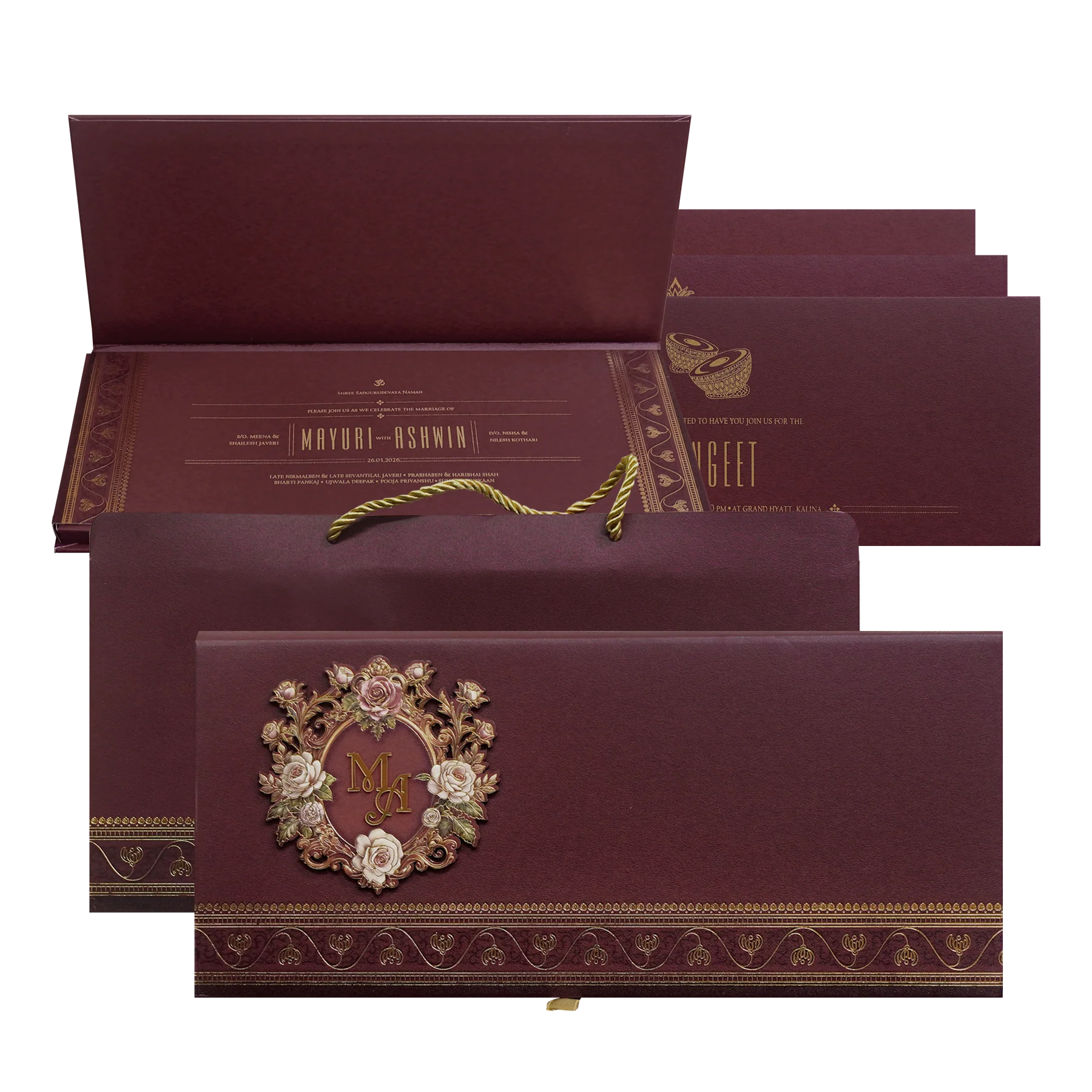 Maroon Floral Handle Padded Wedding Invitation Card-KPR24890