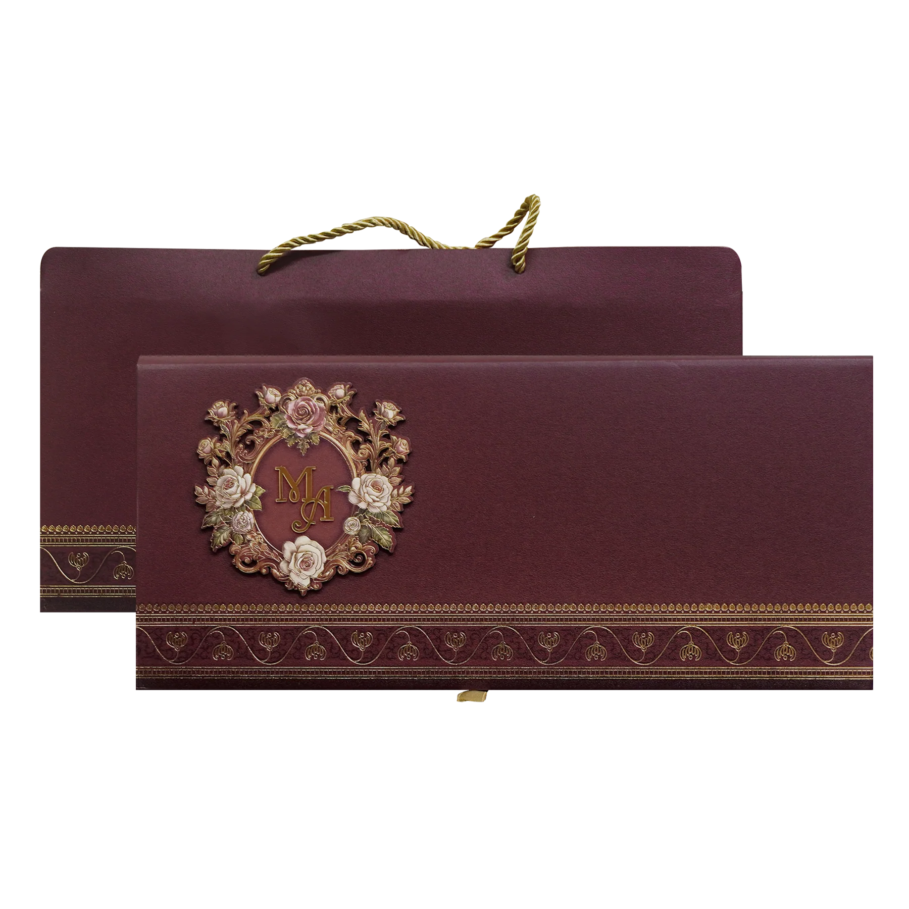 Maroon Floral Handle Padded Wedding Invitation Card-KPR24890 - Image 2