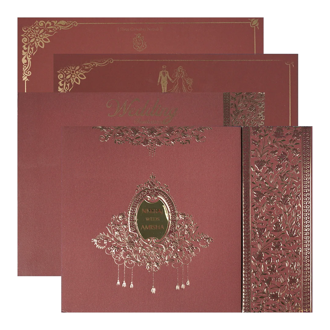 Maroon Floral Padded Wedding Card-KSSC1550