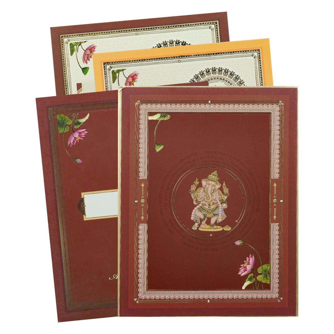 Maroon Ganesha Motif Padded Wedding Card-KBM05240