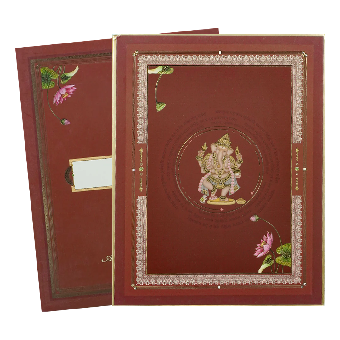 Maroon Ganesha Motif Padded Wedding Card-KBM05240 - Image 2