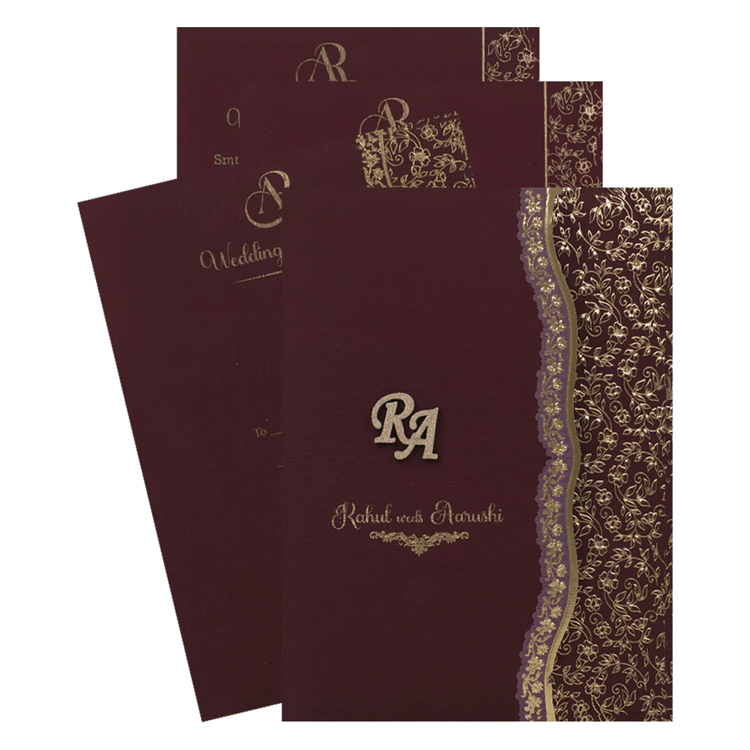 Maroon Gold Embossed Wedding Card-KSI64970