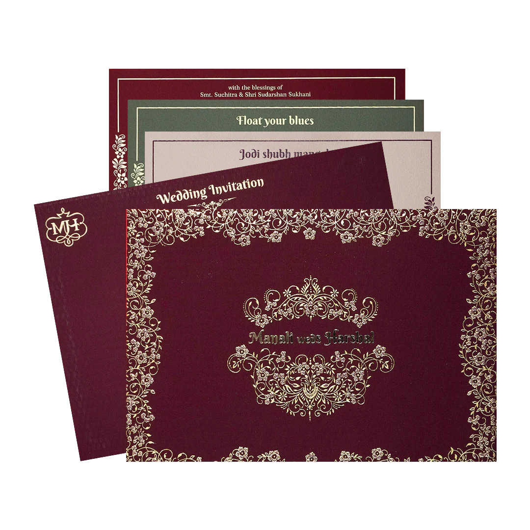 Maroon Gold Floral Padded Wedding Card-KSI64330