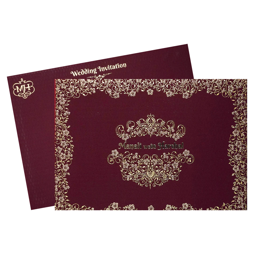 Maroon Gold Floral Padded Wedding Card-KSI64330 - Image 2