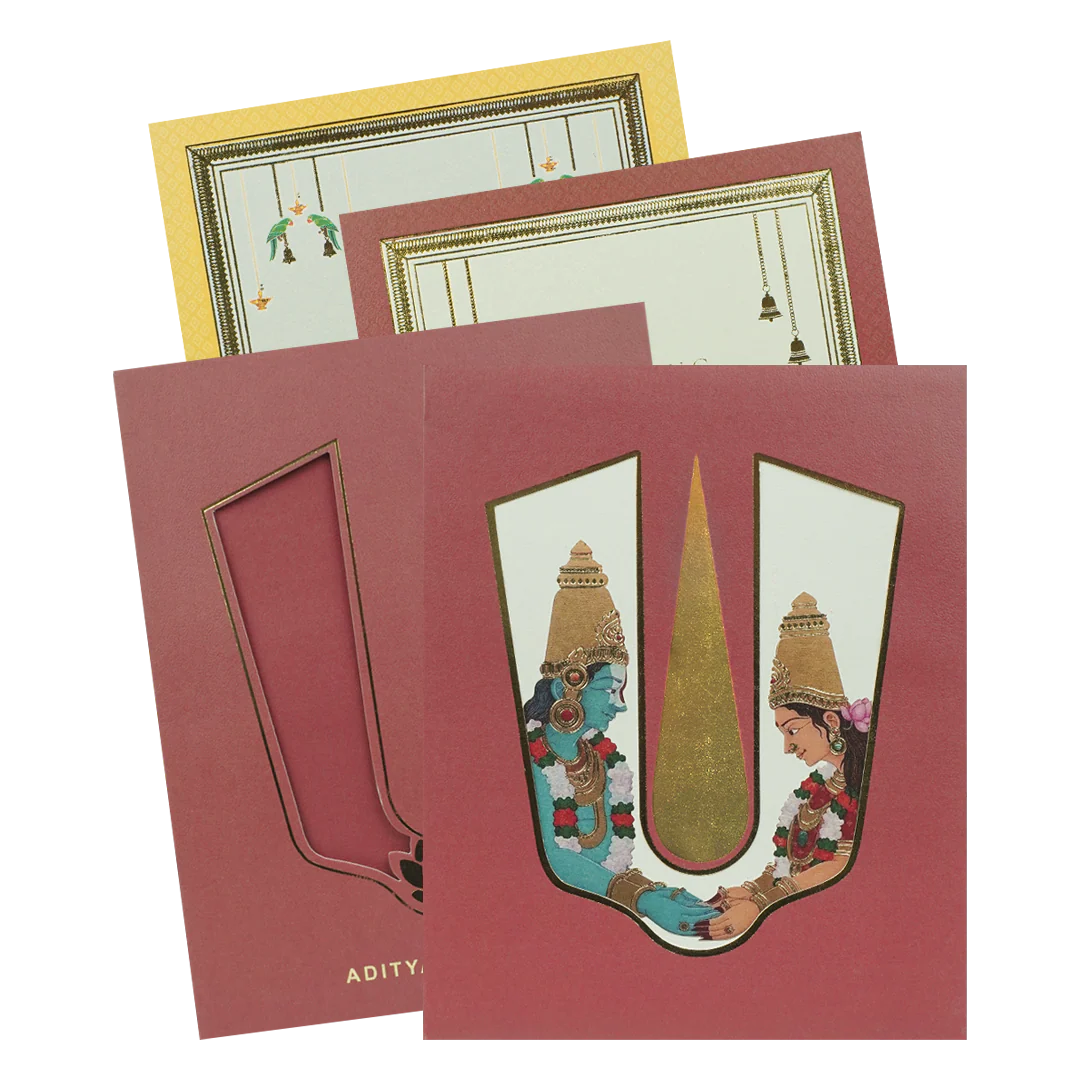 Maroon Gold Vaishnav Tilak Padded Wedding Card-KBM05120