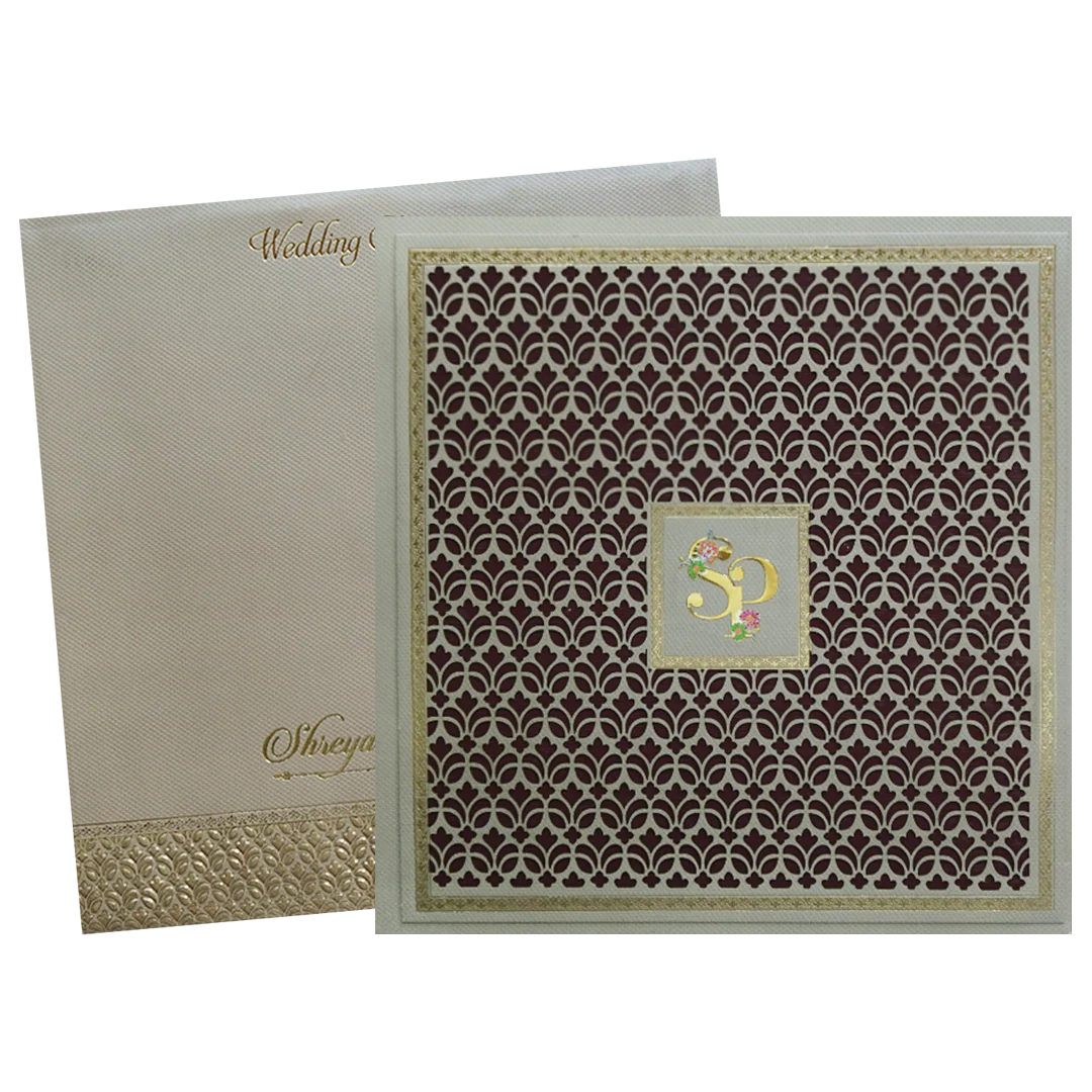 Maroon Laser Cut Floral Modern Wedding Card-KMMEX8240 - Image 2