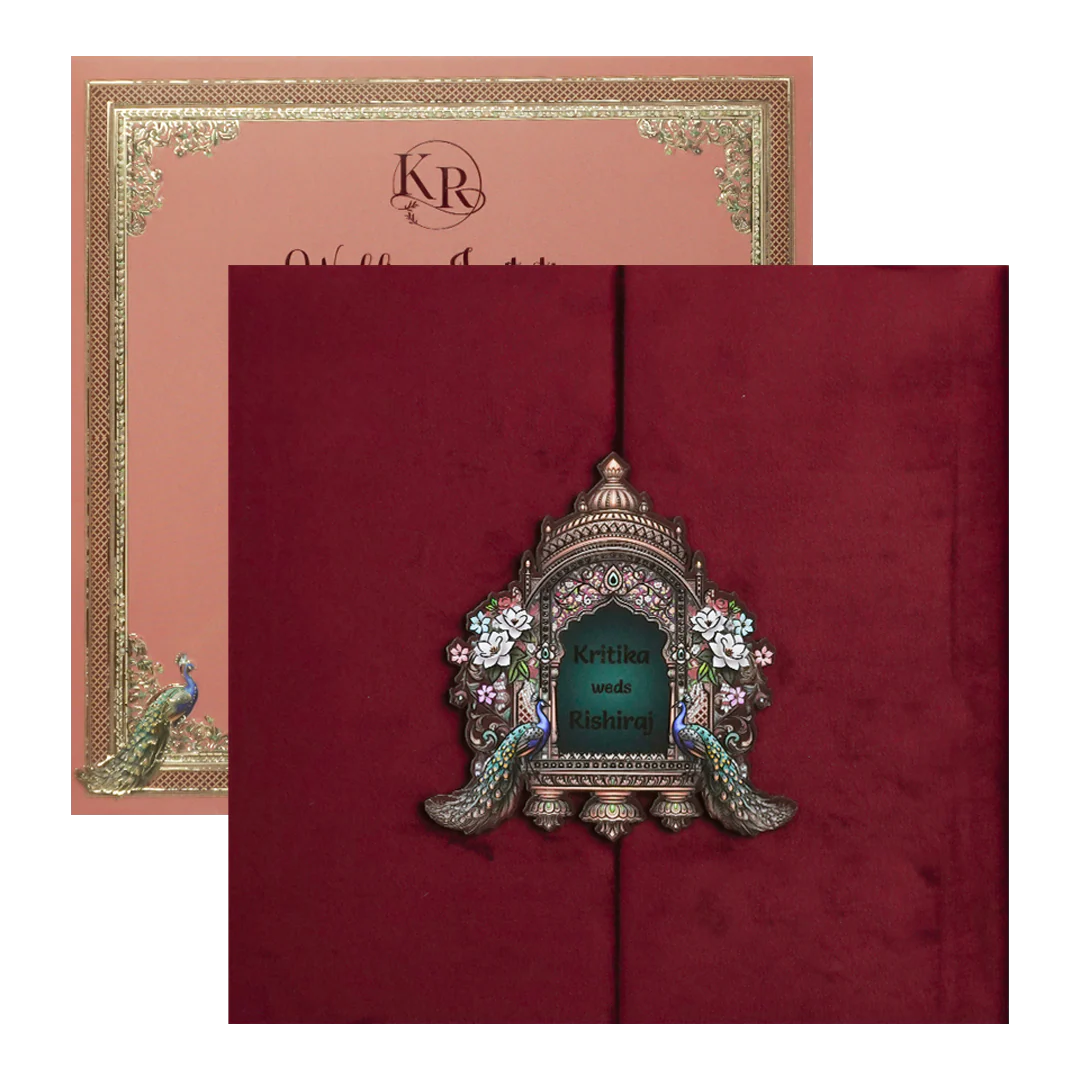Maroon Peacock Padded Wedding Card-KSI64230 - Image 2