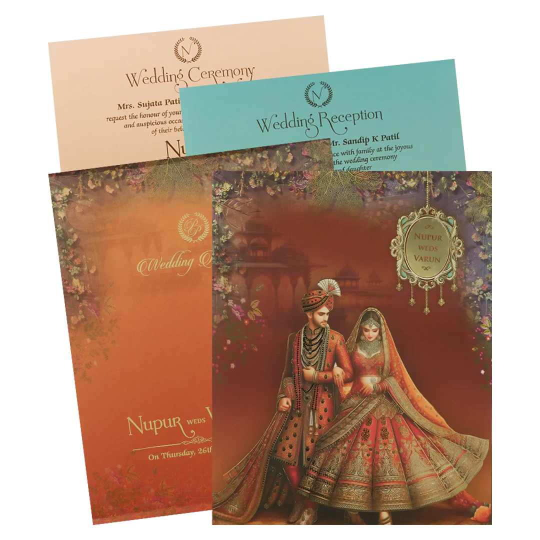 Maroon Royal Couple Padded Wedding card-KRE28030