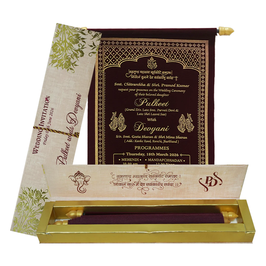 Maroon Scroll Wedding Card Box Set-KJTS1845