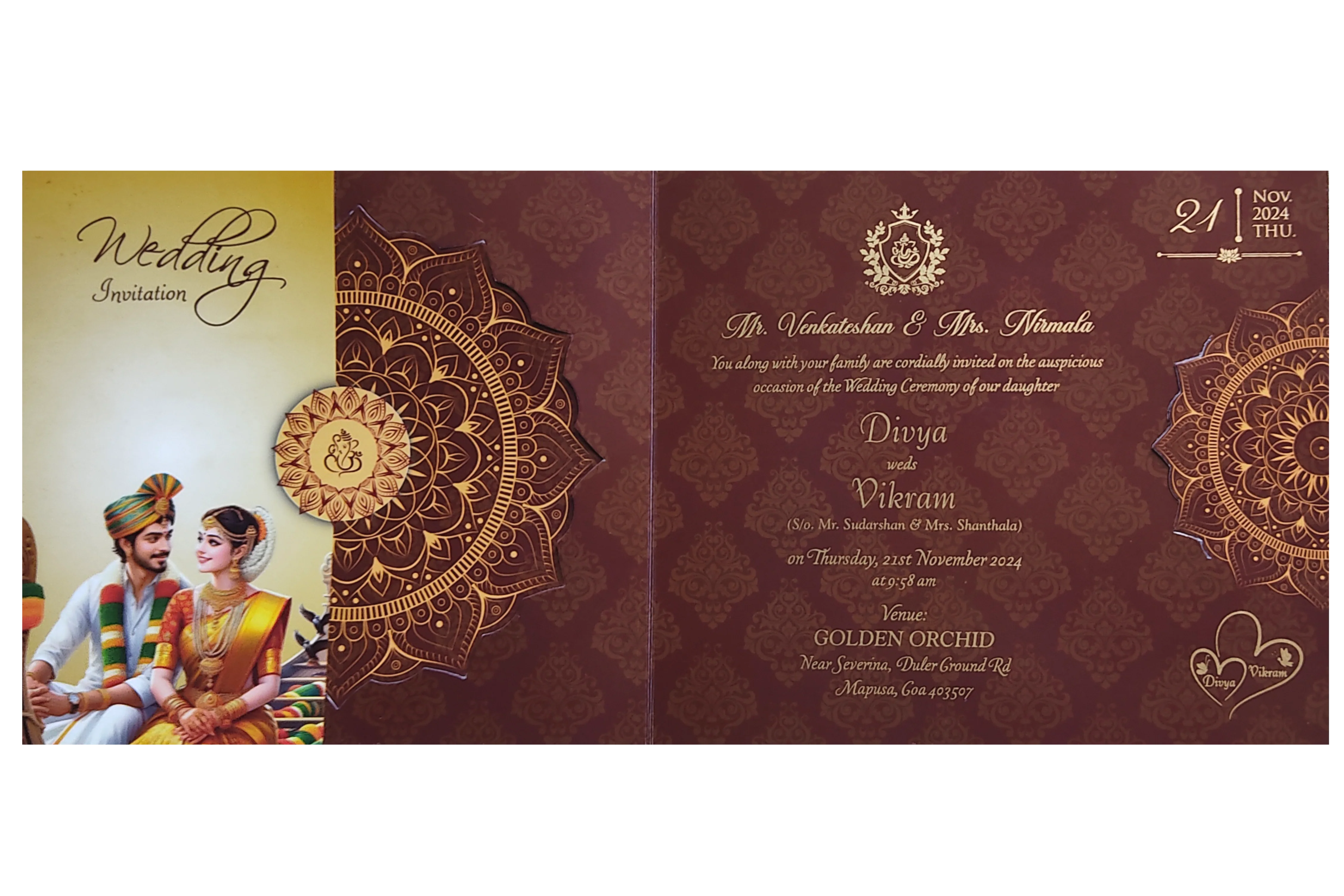 Maroon South Indian Threefold Wedding Card-KNTH9607M - Image 2