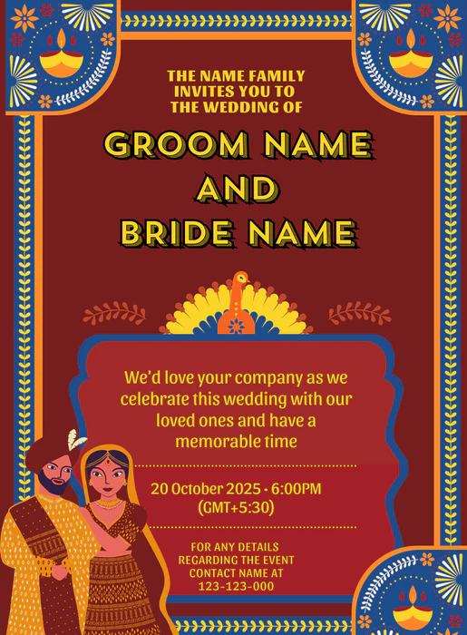 Maroon Caricature Diya Design Wedding Invitation-AARWI002 - Image 2