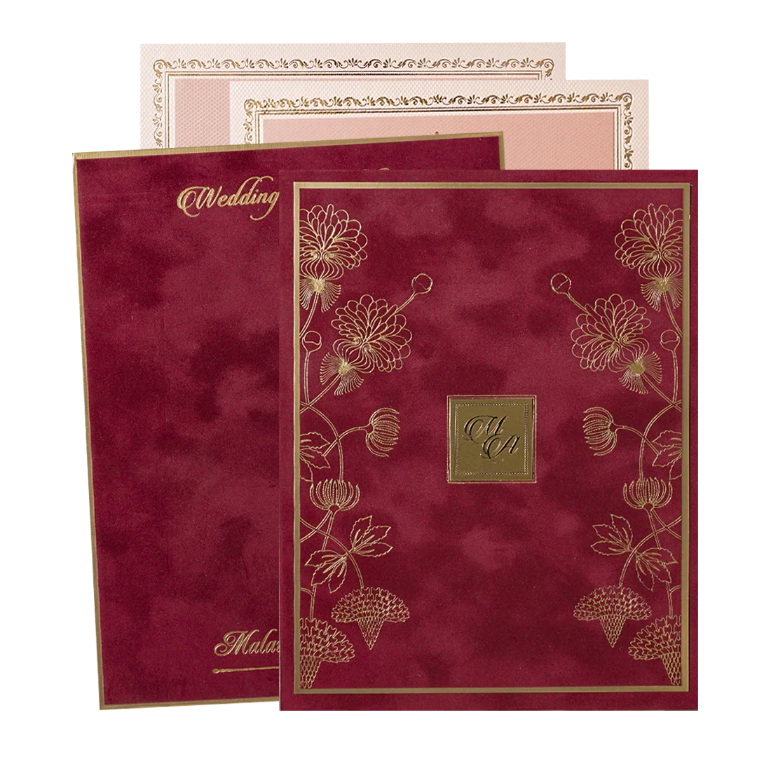 Maroon Floral Padded Wedding Card-KMMWD1156
