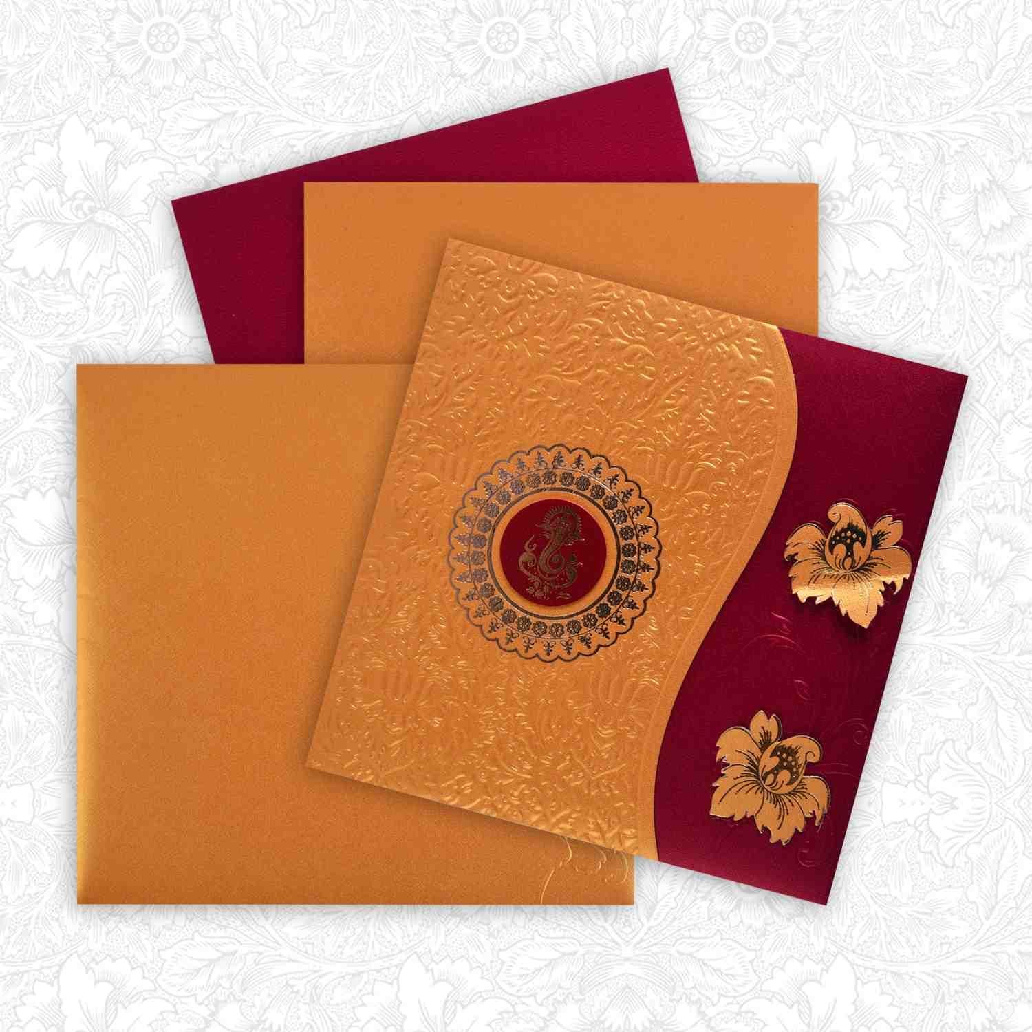 Marvellous Maroon Shading With Flower Cut Wedding Card - KNK3678