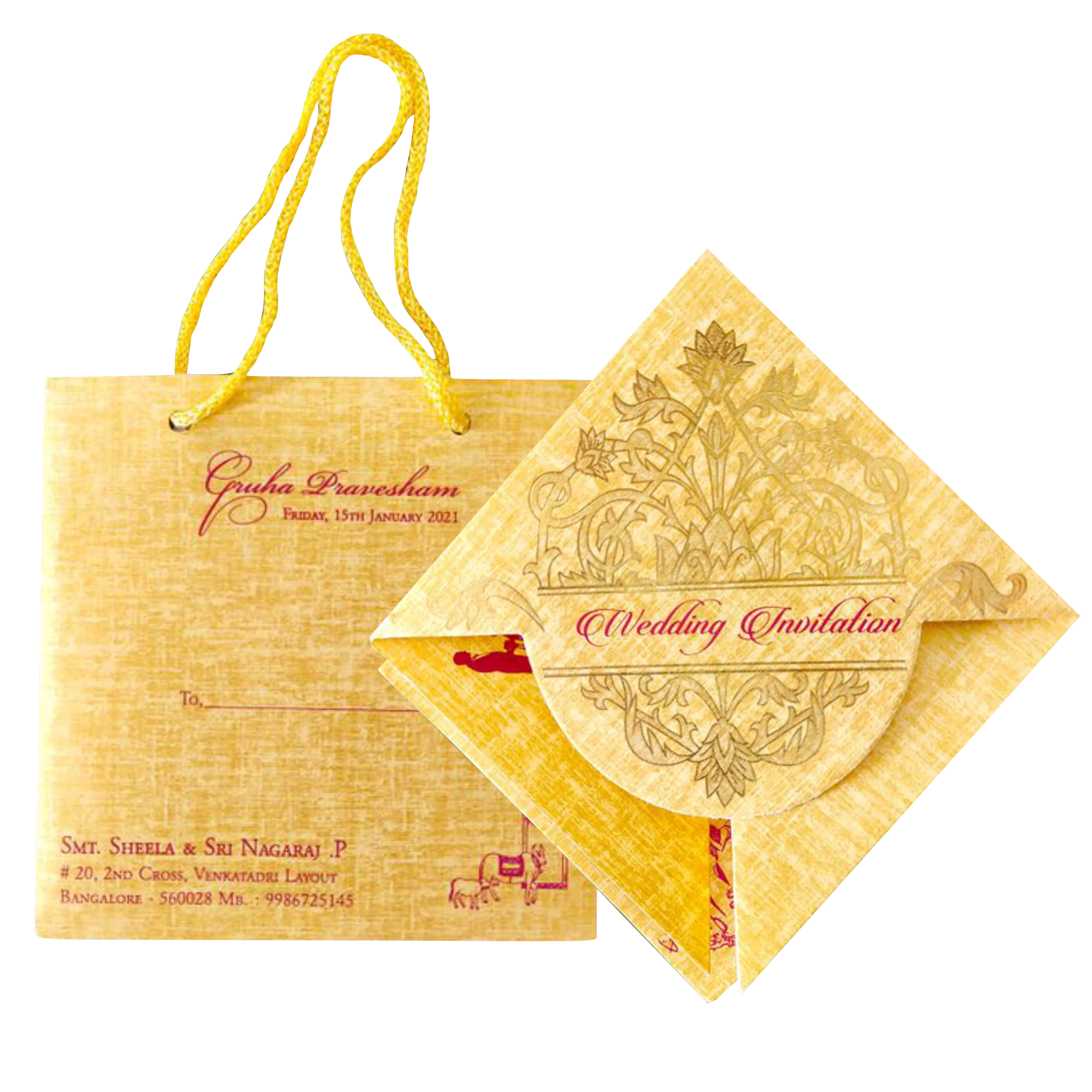 Gold Designer Personal Invitation Card In Gold Foiling Print With Bag-KNF9101G