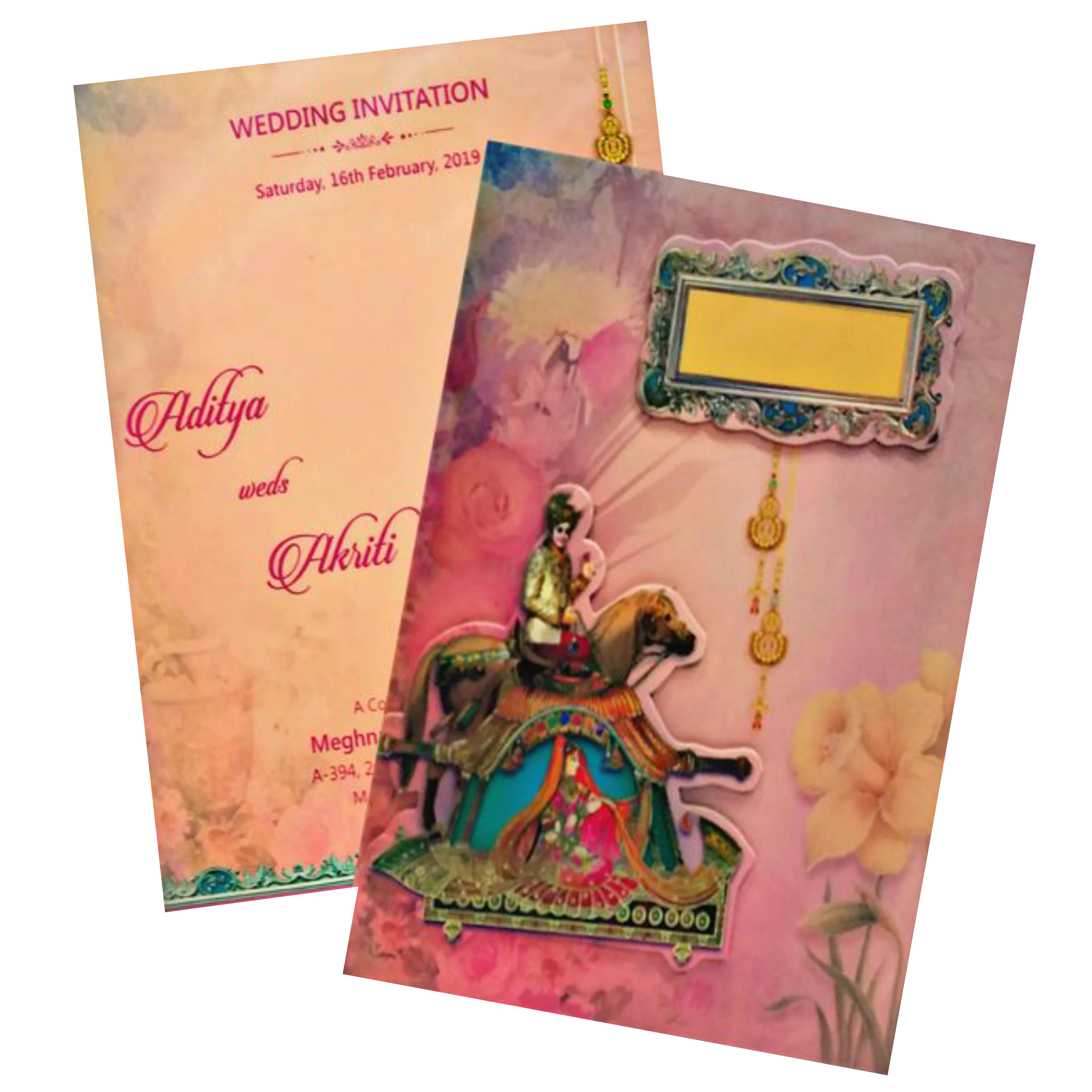 Marvelous Peach Color Baraat Theme Padding Invitation Card - KNKZAC139 - Image 2