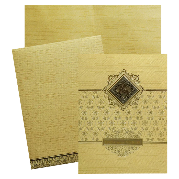 Metallic Gold Ganesha Nameplate Wedding Card-KNRM8706G