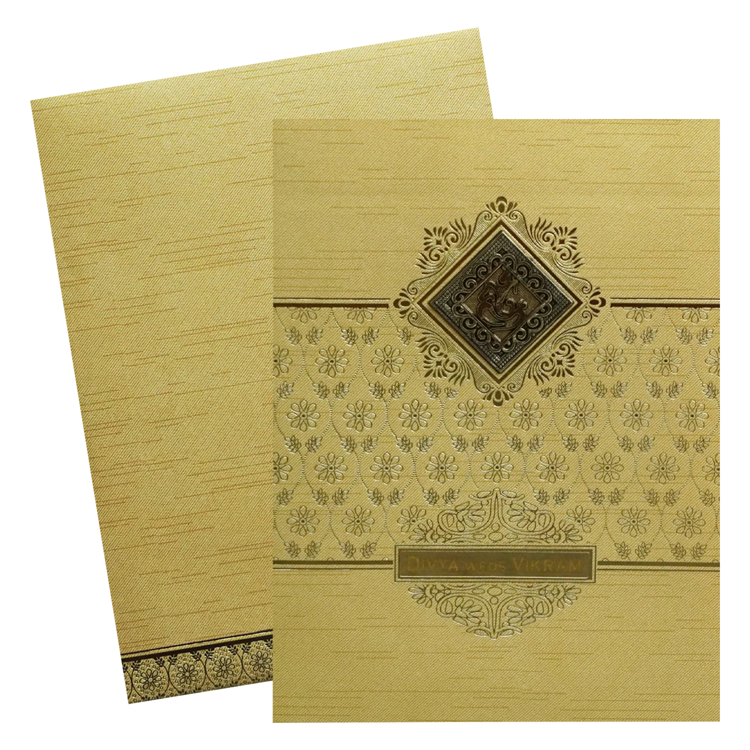 Metallic Gold Ganesha Nameplate Wedding Card-KNRM8706G - Image 2
