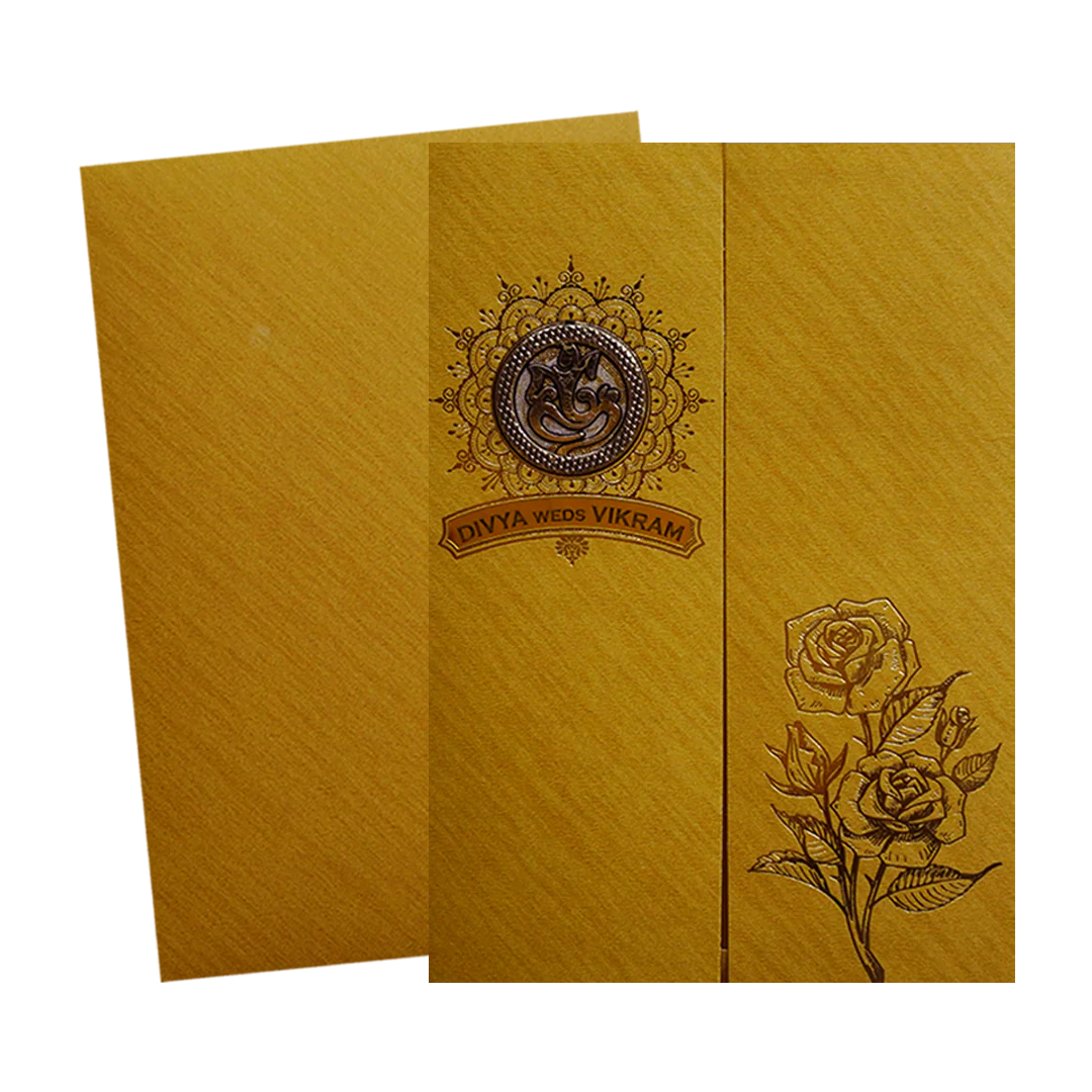 Metallic Gold Ganesha Wedding Card-KNCM038G - Image 2