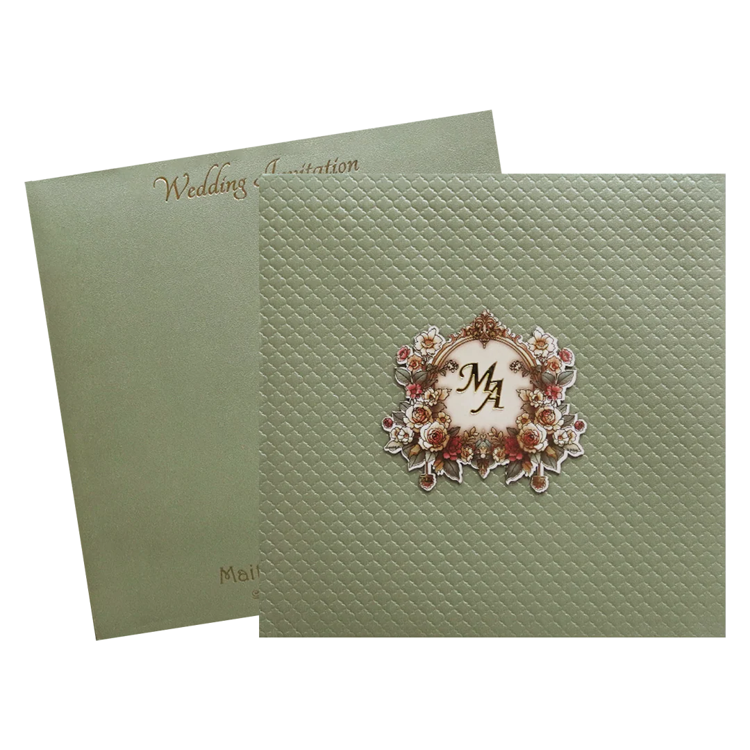 Metallic Green Quilted Floral Monogram Wedding Card - KMMWD1127 - Image 2