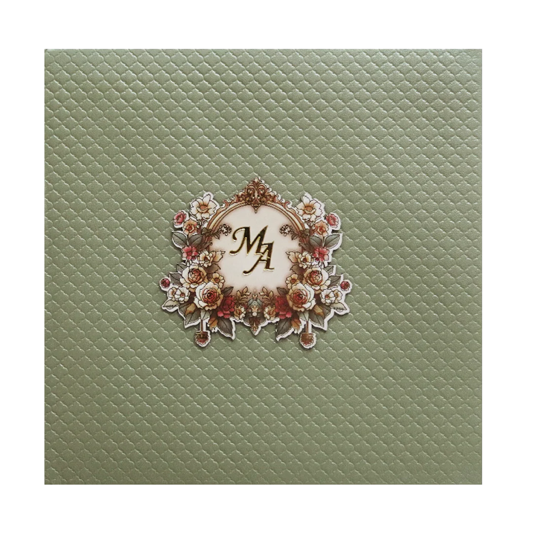 Metallic Green Quilted Floral Monogram Wedding Card - KMMWD1127 - Image 3