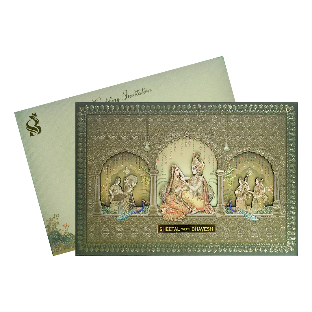 Metallic Green Radha Krishna Padded Wedding Card-KSI64220 - Image 2