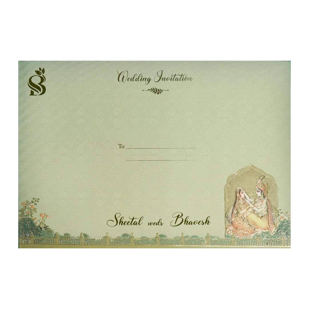 Metallic Green Radha Krishna Padded Wedding Card-KSI64220 - Image 4