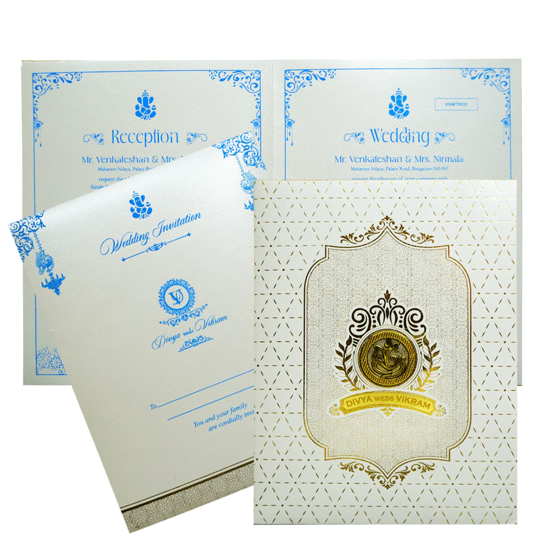 Metallic White Ganesha Wedding Card-KNWT5032