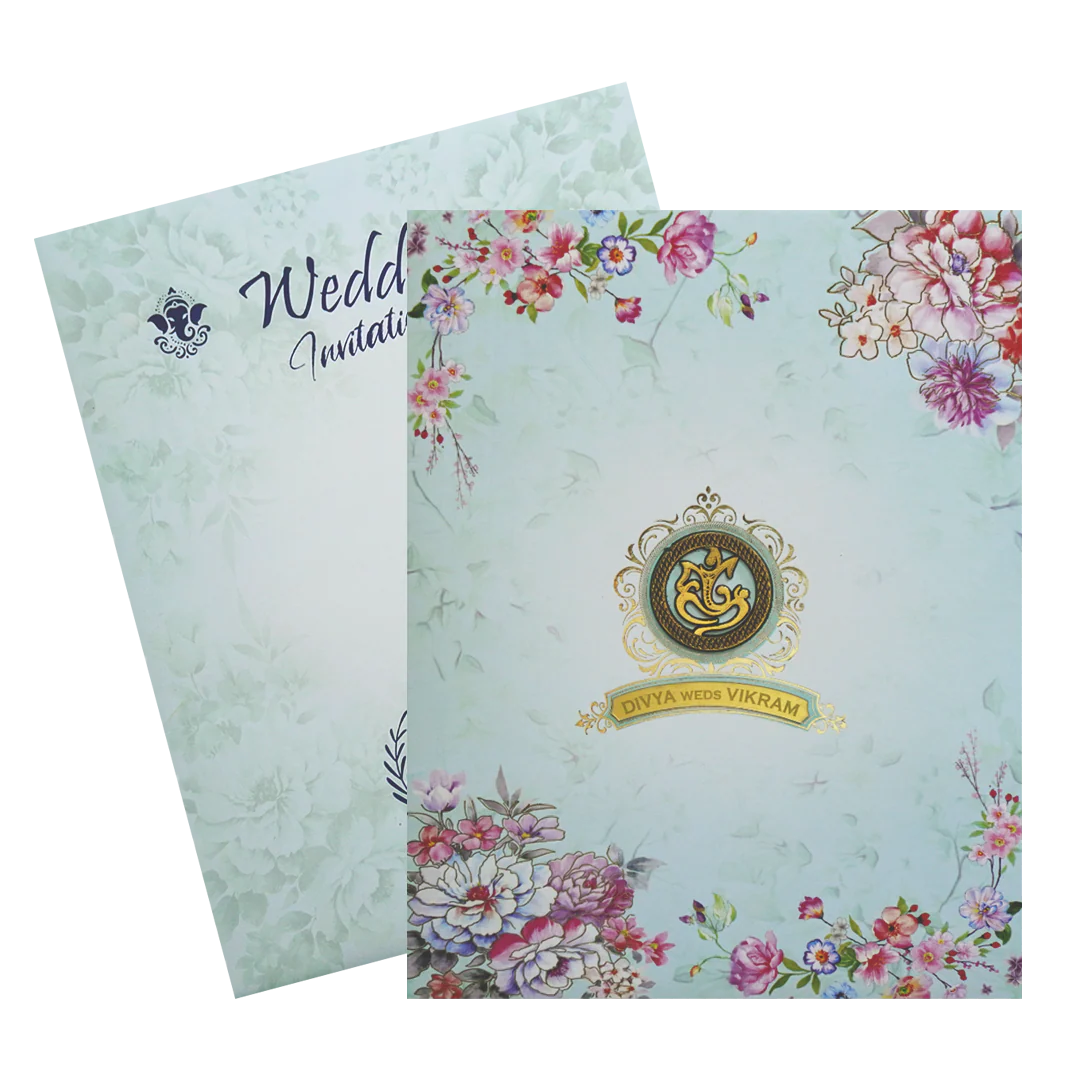 Mint Blue Floral Ganesha Wedding Card-KNKJ1089 - Image 2