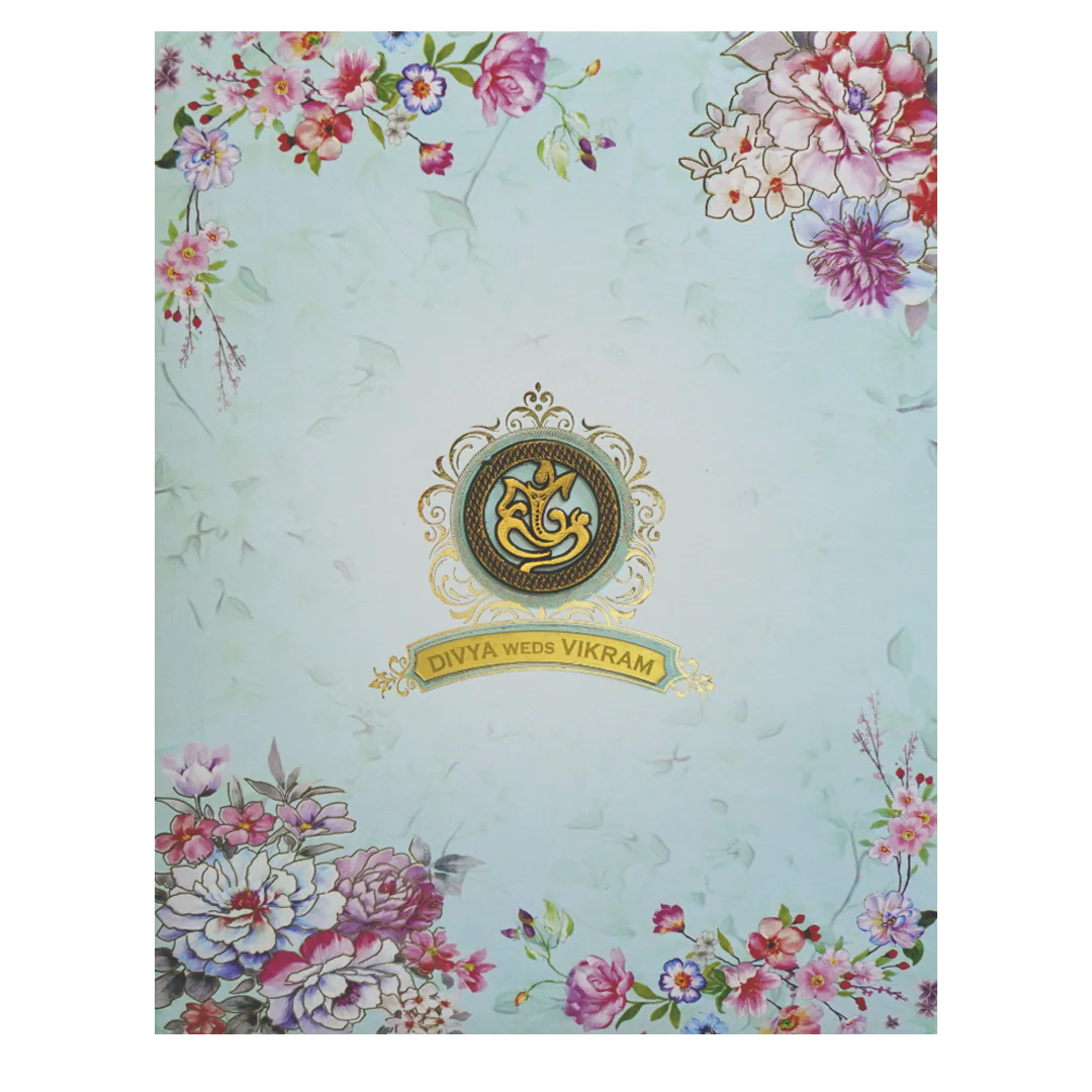 Mint Blue Floral Ganesha Wedding Card-KNKJ1089 - Image 3