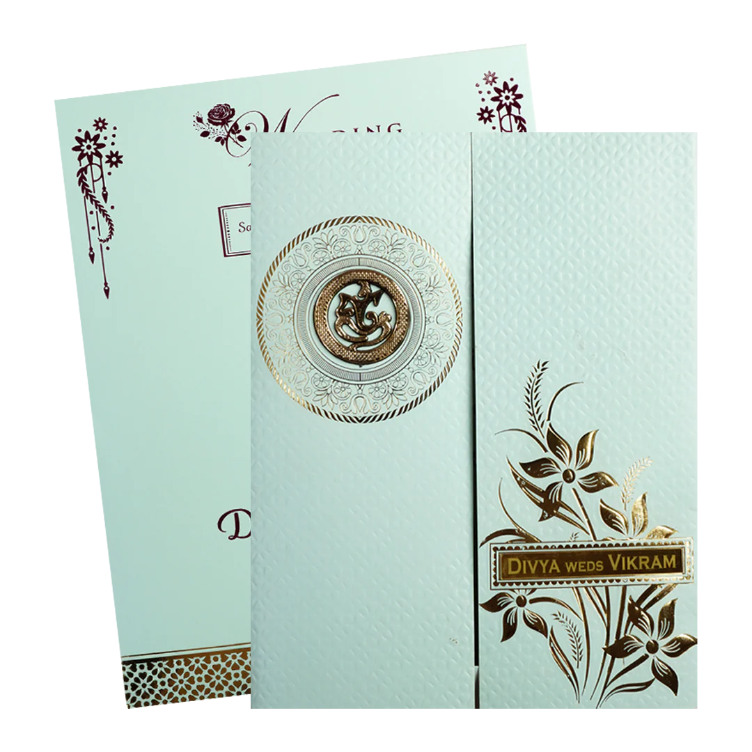 Mint Blue Ganesha Floral Wedding Card-KNZ7203BL - Image 2