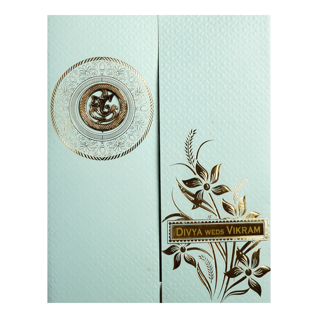 Mint Blue Ganesha Floral Wedding Card-KNZ7203BL - Image 3