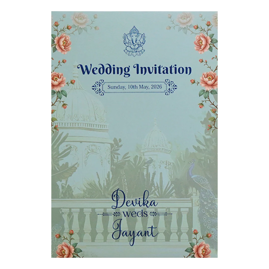 Mint Blue Padded Palace Peacock Wedding Card- KVN07380 - Image 4