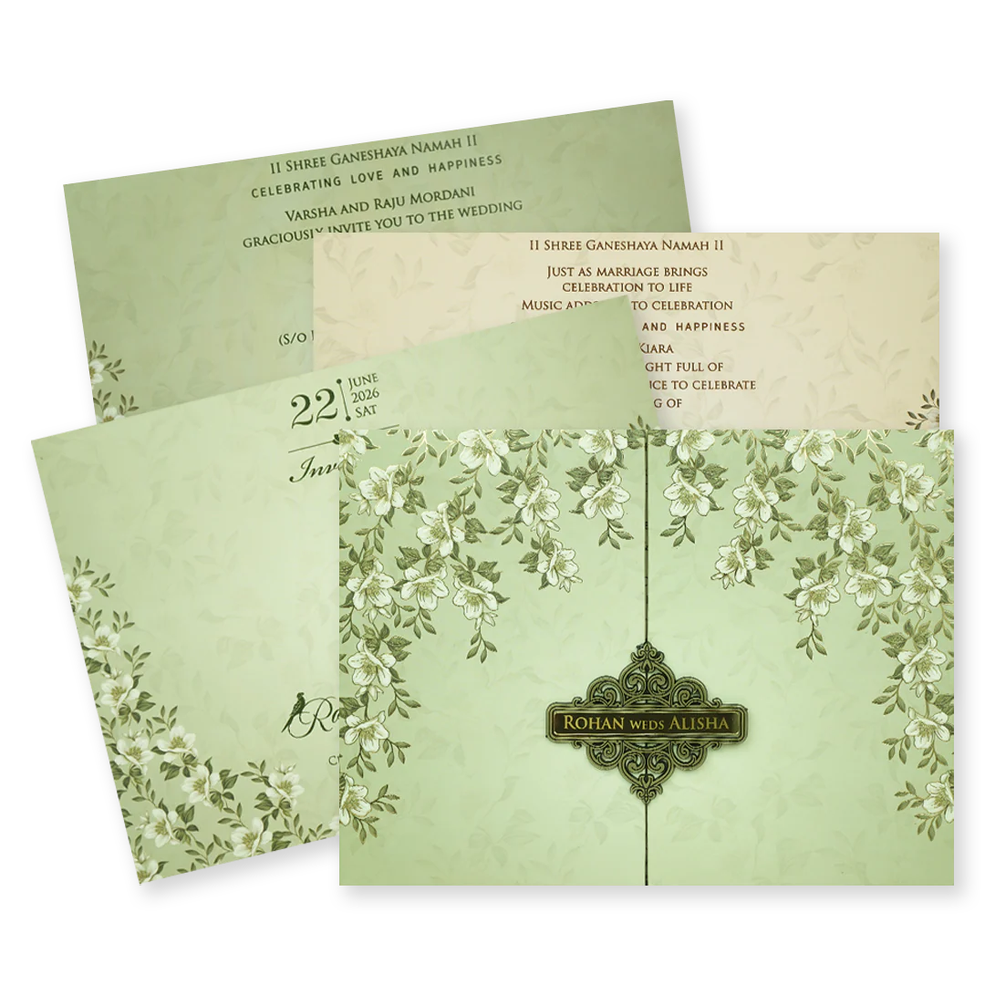 Mint Green Floral Padded Wedding Card-KFR15310